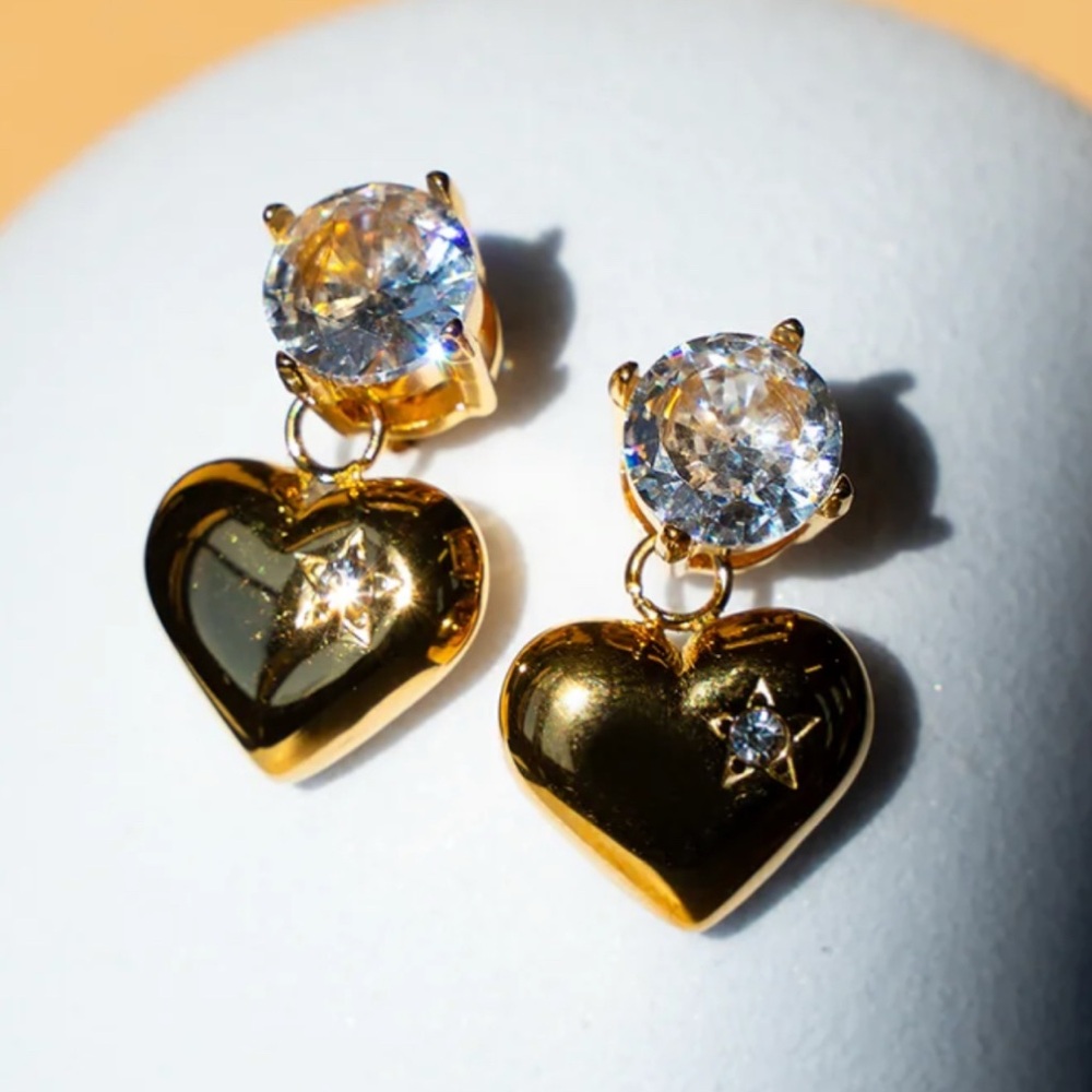 Gold Heart Earrings with Crystal Accents